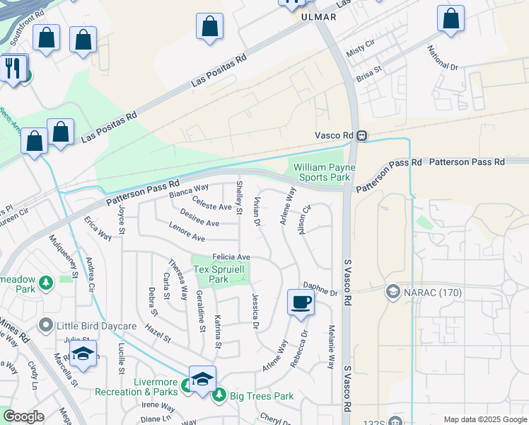 map of restaurants, bars, coffee shops, grocery stores, and more near 5660 Lydia Court in Livermore