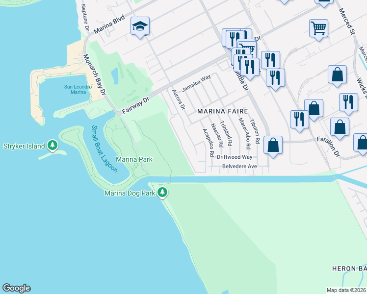map of restaurants, bars, coffee shops, grocery stores, and more near 14382 Outrigger Drive in San Leandro