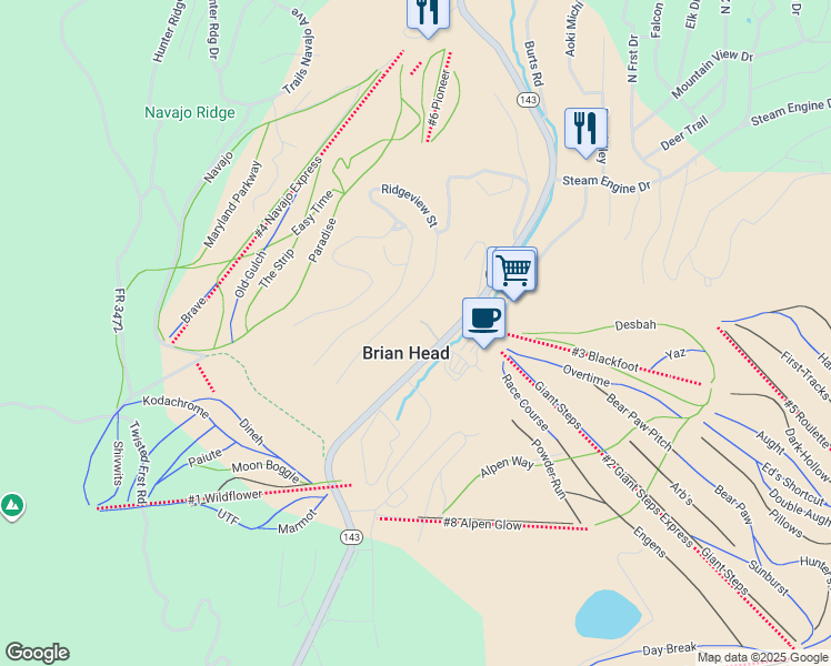 map of restaurants, bars, coffee shops, grocery stores, and more near 312 South Highway 143 in Brian Head