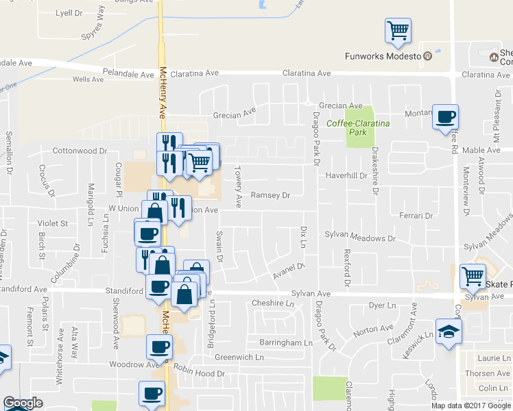 map of restaurants, bars, coffee shops, grocery stores, and more near 421 East Union Avenue in Modesto