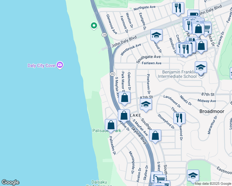 map of restaurants, bars, coffee shops, grocery stores, and more near 1080 South Mayfair Avenue in Daly City