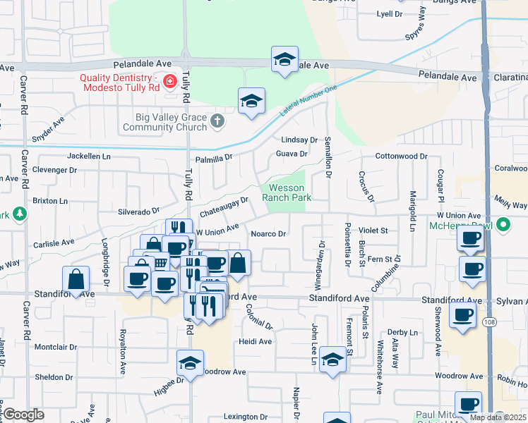 map of restaurants, bars, coffee shops, grocery stores, and more near 1021 West Union Avenue in Modesto
