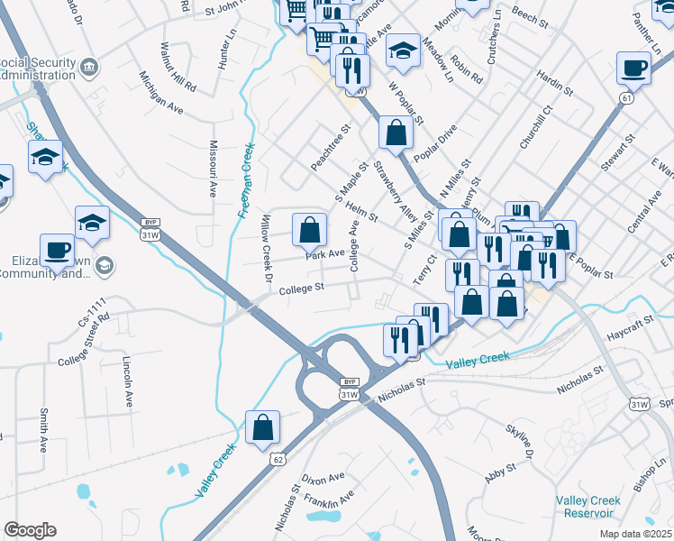 map of restaurants, bars, coffee shops, grocery stores, and more near 407 1/2 College Street in Elizabethtown