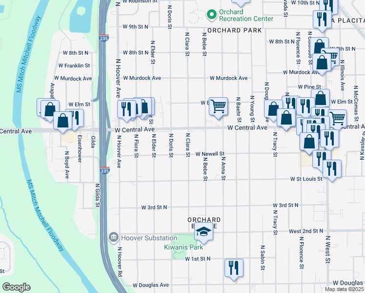 map of restaurants, bars, coffee shops, grocery stores, and more near 617 North Clara Street in Wichita