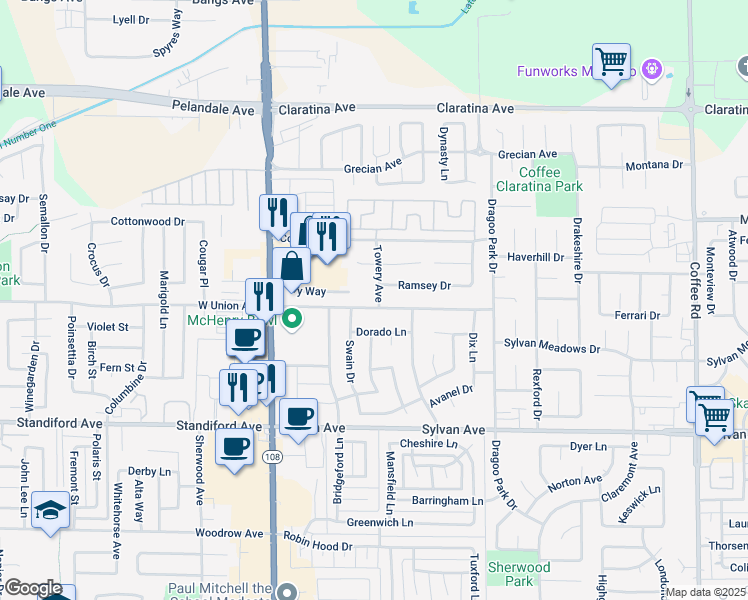map of restaurants, bars, coffee shops, grocery stores, and more near 333 East Union Avenue in Modesto