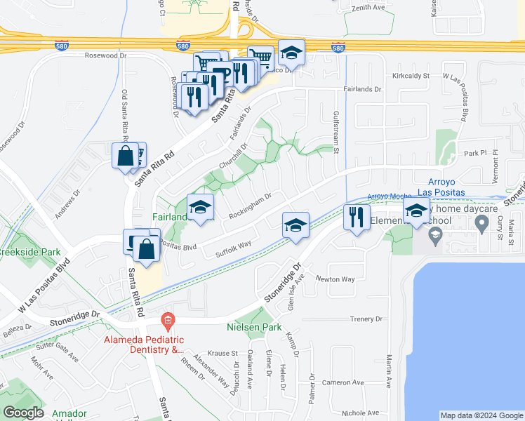 map of restaurants, bars, coffee shops, grocery stores, and more near 3965 West Las Positas Boulevard in Pleasanton
