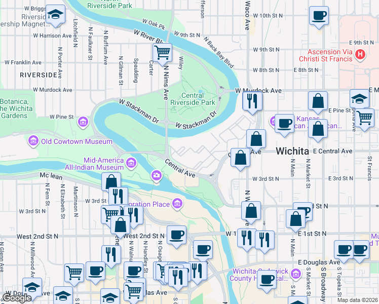 map of restaurants, bars, coffee shops, grocery stores, and more near 550 West Central Avenue in Wichita