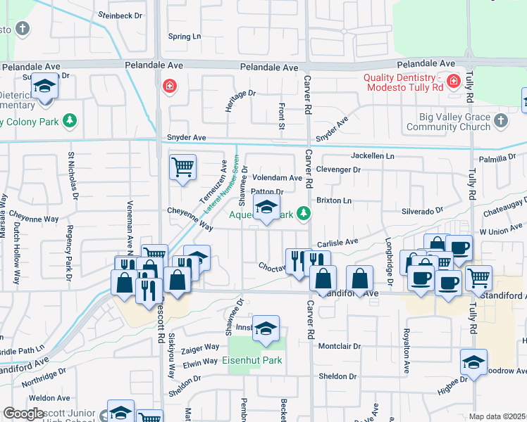 map of restaurants, bars, coffee shops, grocery stores, and more near 3700-3782 Shawnee Dr in Modesto