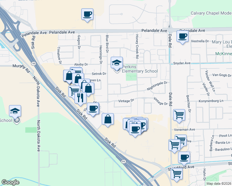 map of restaurants, bars, coffee shops, grocery stores, and more near 3309 Nightingale Drive in Modesto