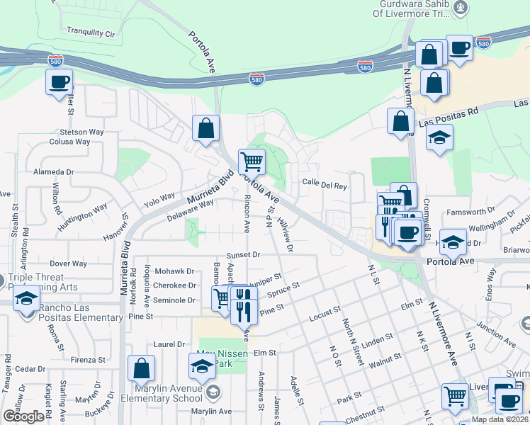 map of restaurants, bars, coffee shops, grocery stores, and more near 1363 North P Street in Livermore