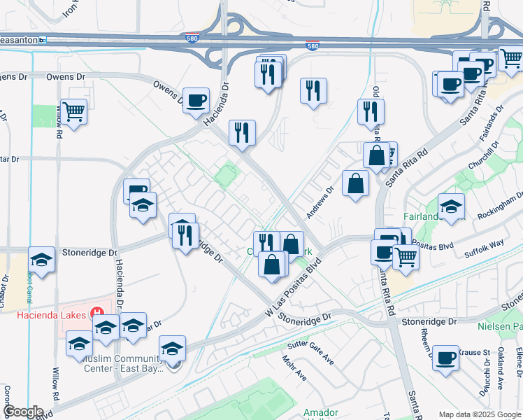 map of restaurants, bars, coffee shops, grocery stores, and more near 5614 Owens Drive in Pleasanton