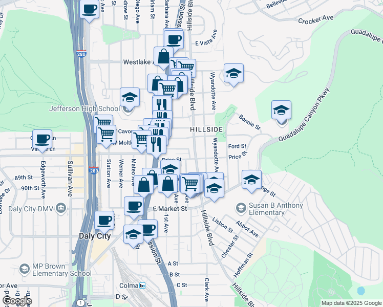 map of restaurants, bars, coffee shops, grocery stores, and more near 773 Hillside Boulevard in Daly City