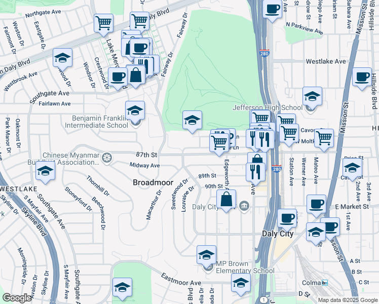 map of restaurants, bars, coffee shops, grocery stores, and more near 479 87th Street in Daly City