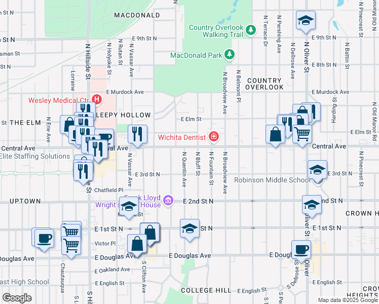 map of restaurants, bars, coffee shops, grocery stores, and more near 451 North Bluff Street in Wichita