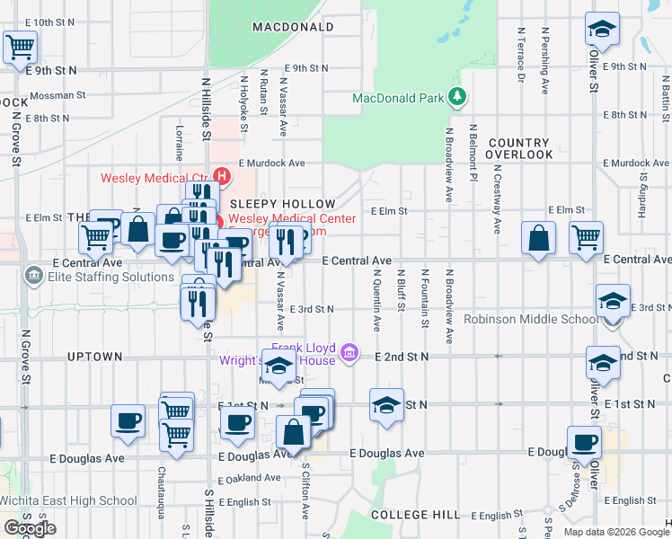 map of restaurants, bars, coffee shops, grocery stores, and more near 3715 East Central Avenue in Wichita