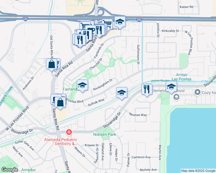 map of restaurants, bars, coffee shops, grocery stores, and more near 3965 West Las Positas Boulevard in Pleasanton
