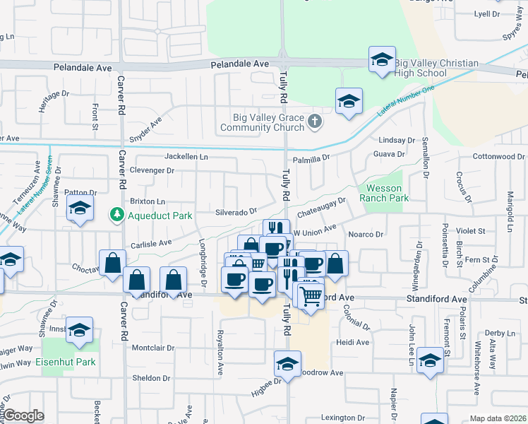 map of restaurants, bars, coffee shops, grocery stores, and more near 1316 Silverado Drive in Modesto