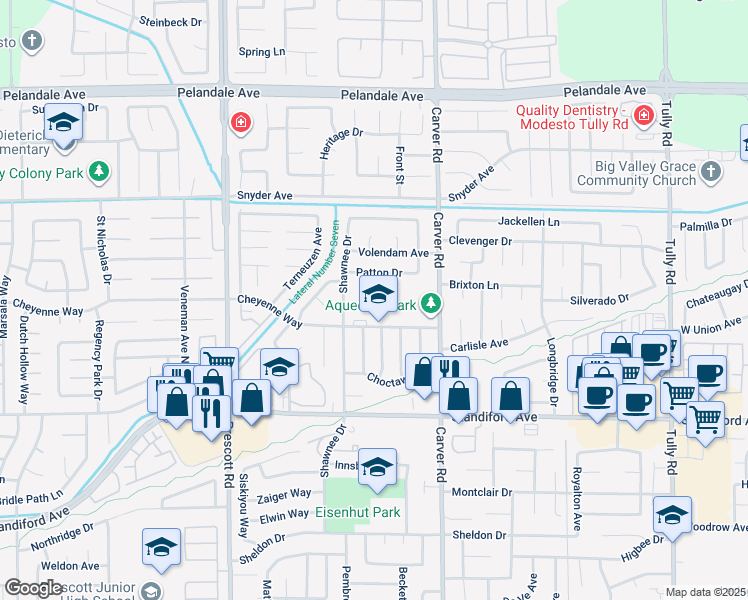 map of restaurants, bars, coffee shops, grocery stores, and more near 1825 Cheyenne Way in Modesto