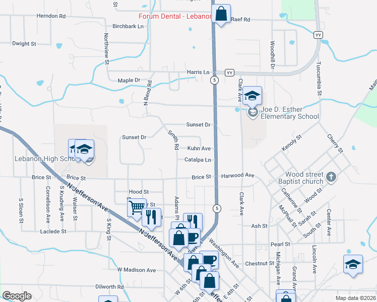 map of restaurants, bars, coffee shops, grocery stores, and more near 247 Kuhn Avenue in Lebanon