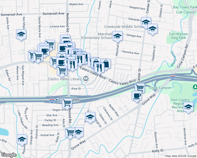 map of restaurants, bars, coffee shops, grocery stores, and more near in Castro Valley