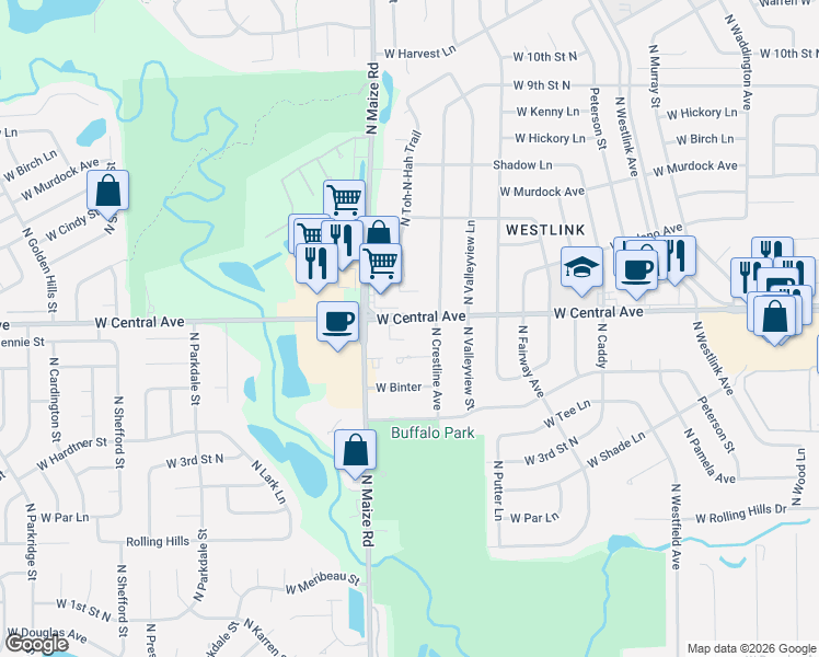 map of restaurants, bars, coffee shops, grocery stores, and more near 10215 West Central Avenue in Wichita