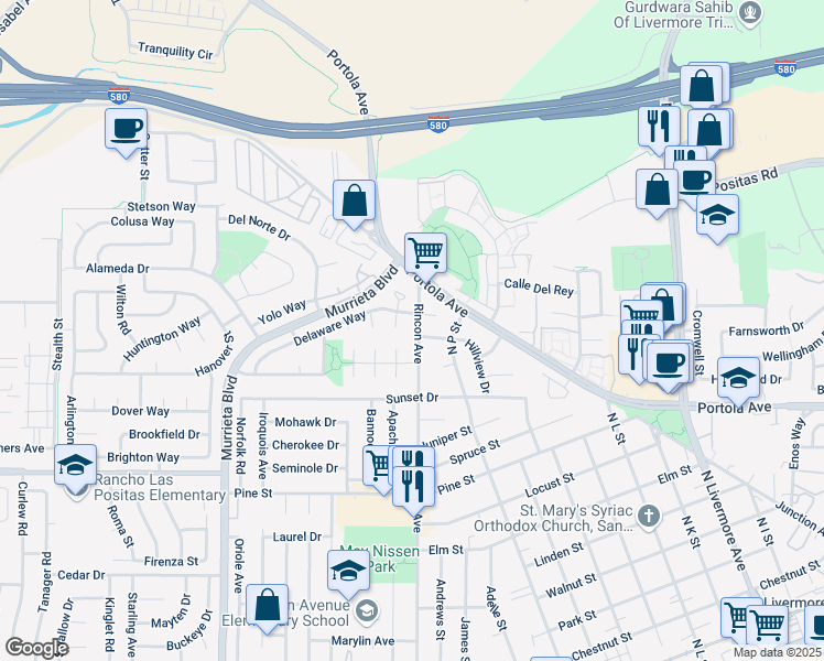 map of restaurants, bars, coffee shops, grocery stores, and more near 1381 Rincon Avenue in Livermore