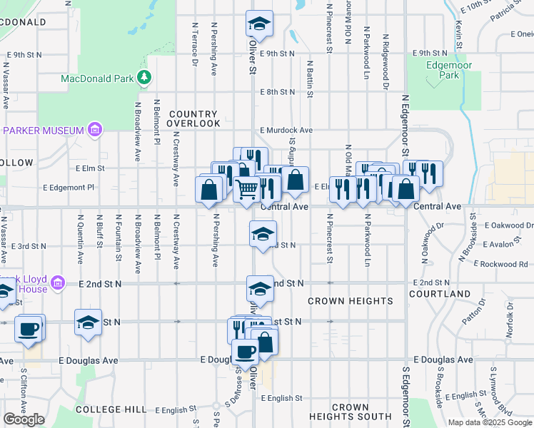 map of restaurants, bars, coffee shops, grocery stores, and more near 4813 East Central Avenue in Wichita