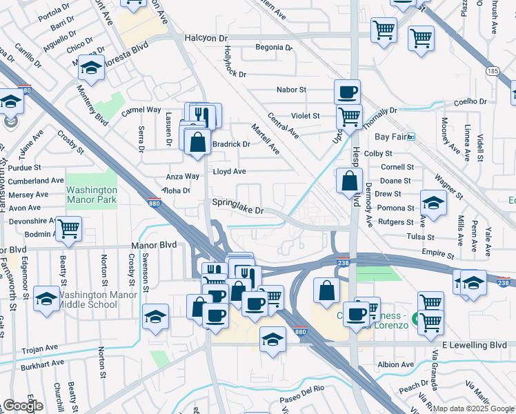 map of restaurants, bars, coffee shops, grocery stores, and more near 14973 Riverdale Street in San Leandro