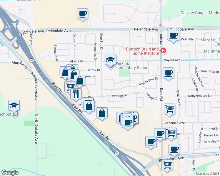 map of restaurants, bars, coffee shops, grocery stores, and more near 3309 Nightingale Drive in Modesto