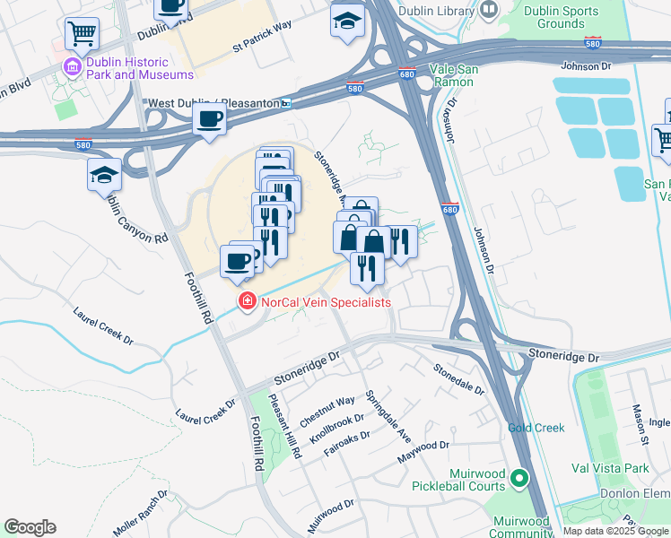 map of restaurants, bars, coffee shops, grocery stores, and more near Stoneridge Mall Road in Pleasanton