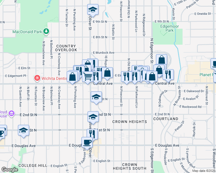 map of restaurants, bars, coffee shops, grocery stores, and more near 448 Harding Street in Wichita