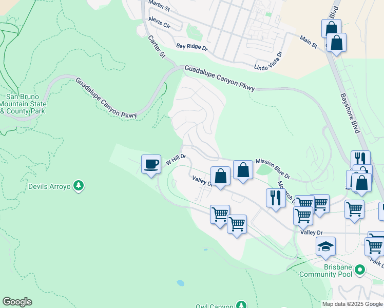 map of restaurants, bars, coffee shops, grocery stores, and more near 724 Swallowtail Court in Brisbane