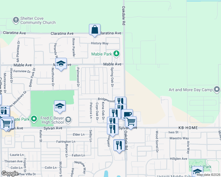 map of restaurants, bars, coffee shops, grocery stores, and more near 3813 Spring Oak Drive in Modesto