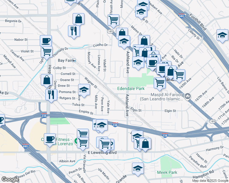 map of restaurants, bars, coffee shops, grocery stores, and more near 759 Delano Street in San Lorenzo
