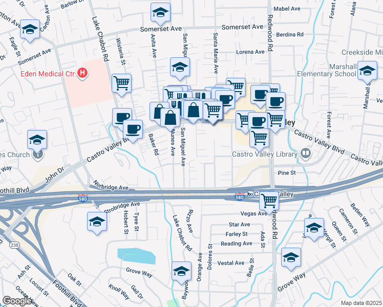 map of restaurants, bars, coffee shops, grocery stores, and more near 20951 Chester Street in Castro Valley