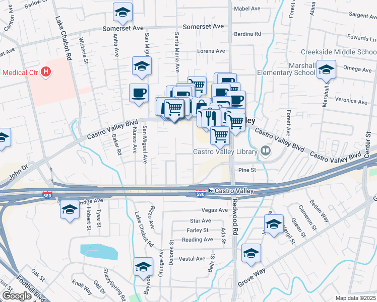 map of restaurants, bars, coffee shops, grocery stores, and more near 3270 Kerr Street in Castro Valley