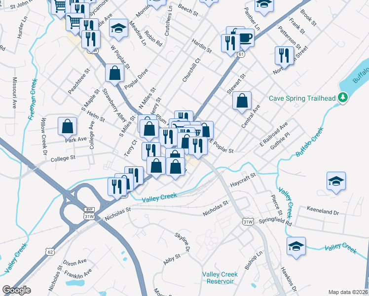 map of restaurants, bars, coffee shops, grocery stores, and more near 114 West Dixie Avenue in Elizabethtown