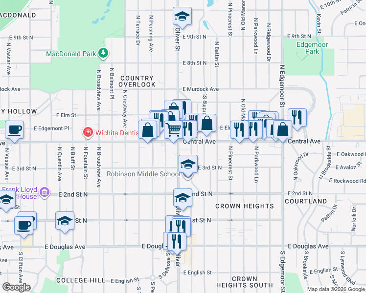 map of restaurants, bars, coffee shops, grocery stores, and more near 4813 East Central Avenue in Wichita