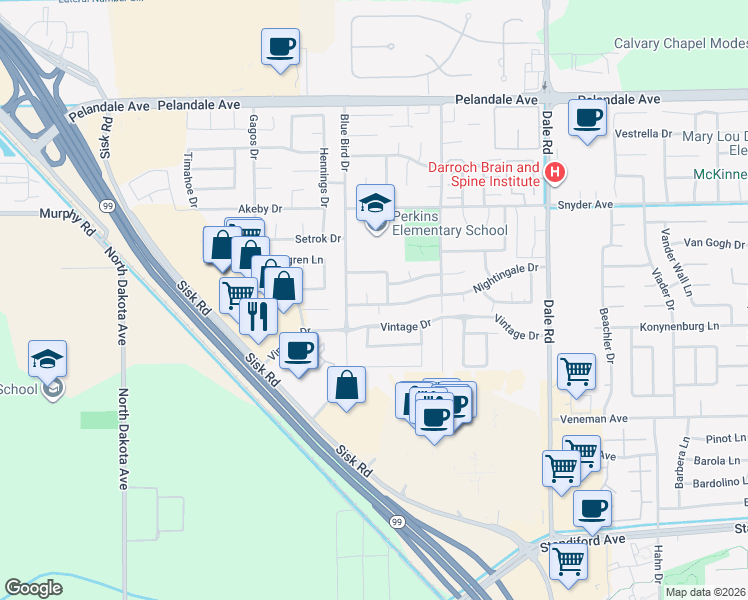map of restaurants, bars, coffee shops, grocery stores, and more near 3309 Nightingale Drive in Modesto