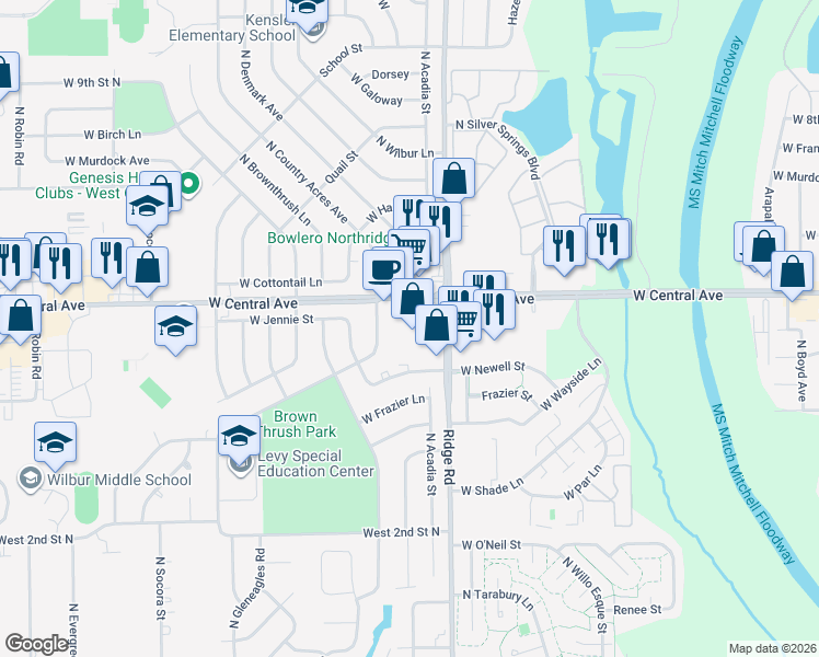 map of restaurants, bars, coffee shops, grocery stores, and more near 7377 West Central Avenue in Wichita