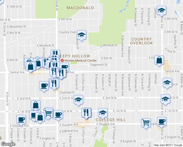 map of restaurants, bars, coffee shops, grocery stores, and more near 3715 East Central Avenue in Wichita