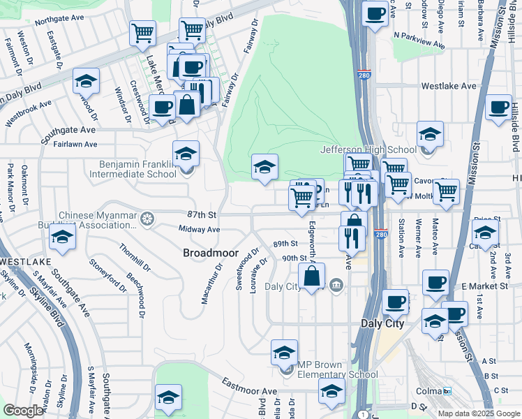 map of restaurants, bars, coffee shops, grocery stores, and more near 479 87th Street in Daly City