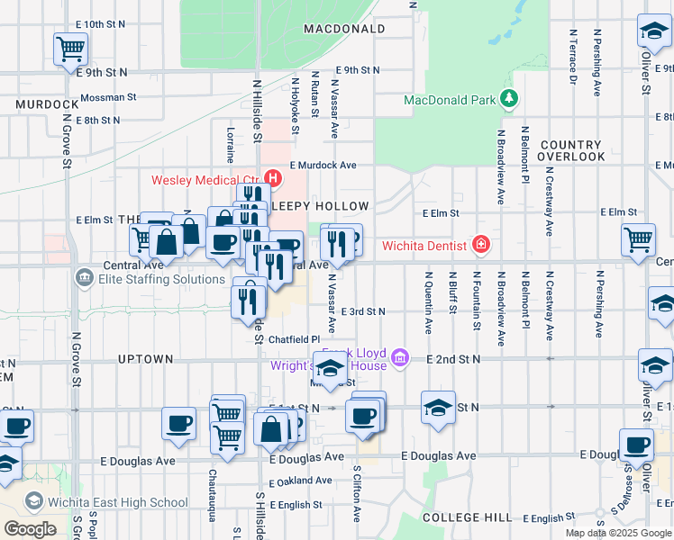 map of restaurants, bars, coffee shops, grocery stores, and more near in Wichita