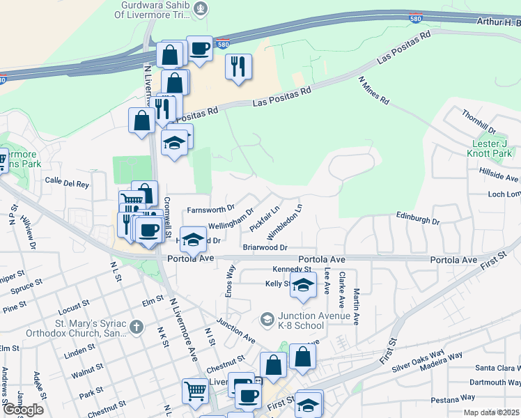 map of restaurants, bars, coffee shops, grocery stores, and more near 2695 Wellingham Drive in Livermore