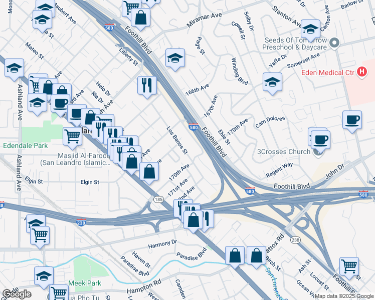 map of restaurants, bars, coffee shops, grocery stores, and more near 16862 Los Banos Street in San Leandro