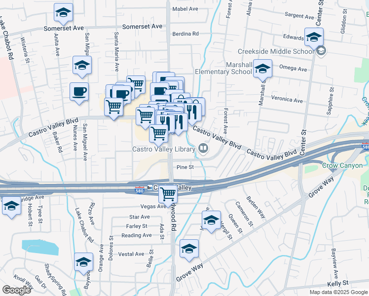 map of restaurants, bars, coffee shops, grocery stores, and more near 20980 Redwood Rd in Castro Valley