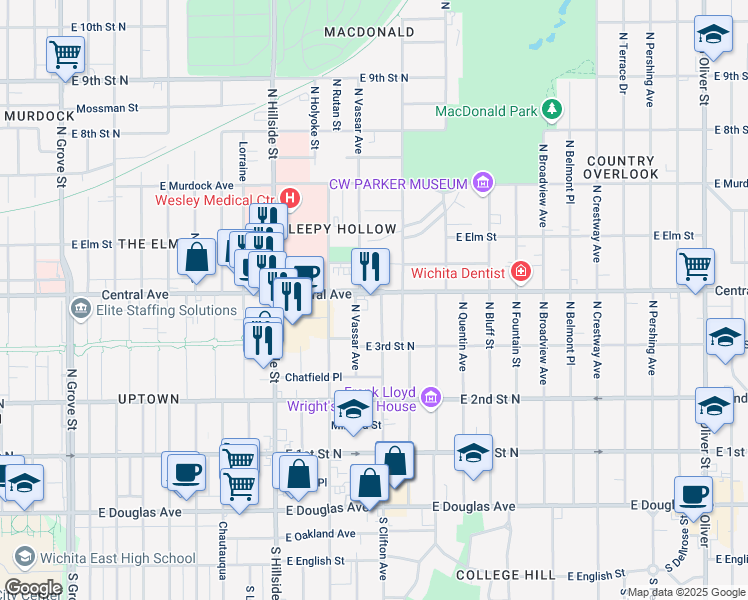 map of restaurants, bars, coffee shops, grocery stores, and more near 3535 East Central Avenue in Wichita