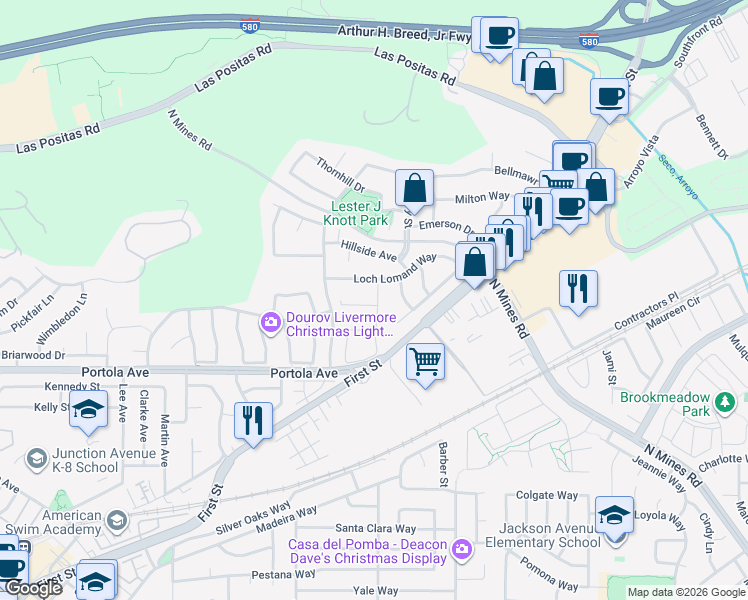 map of restaurants, bars, coffee shops, grocery stores, and more near 3896 Macgregor Common in Livermore