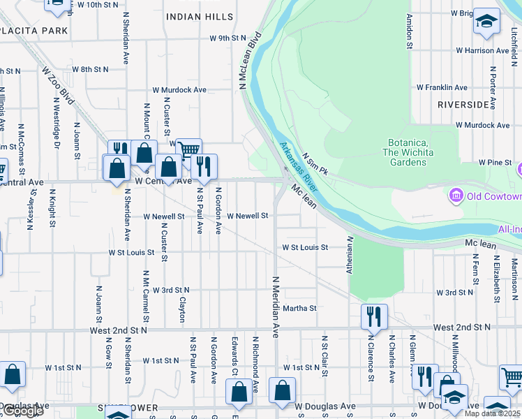 map of restaurants, bars, coffee shops, grocery stores, and more near 610 Richmond North in Wichita