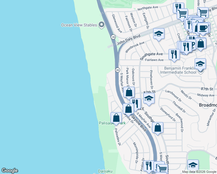 map of restaurants, bars, coffee shops, grocery stores, and more near 42 Skyline Drive in Daly City